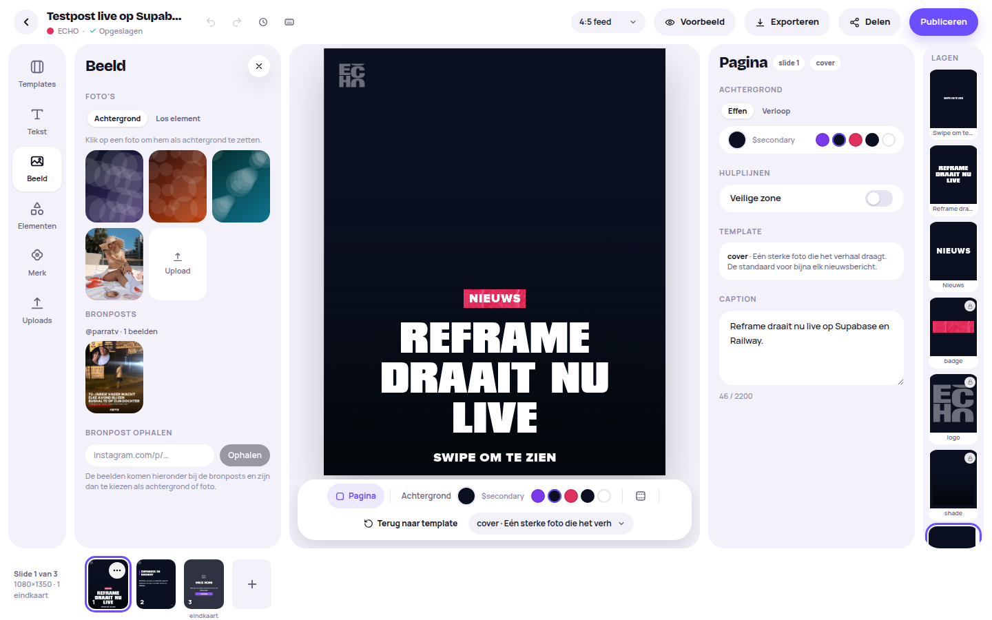 De editor met een Echo-slide, lagen en het inspectiepaneel
